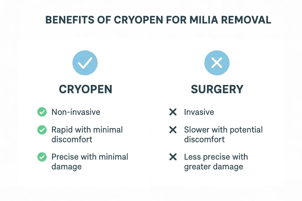 Benefits of cryopen for milia removal Richmond compared to surgical treatments.