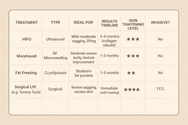 Table showing the comparisons of Skin tightening Richmond treatment options.